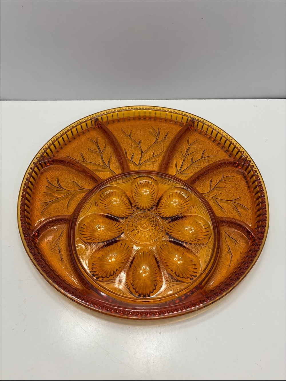 Vintage Amber Indiana Glass Angel Egg & Relish glass Tray Tree Of Life